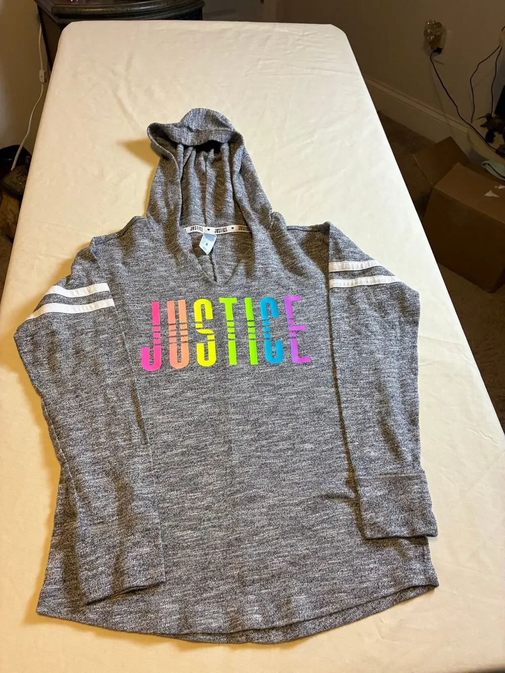 Justice Girls S 8 Gray Hooded Tunic Top Rainbow Logo Striped Sleeve Lightweight
